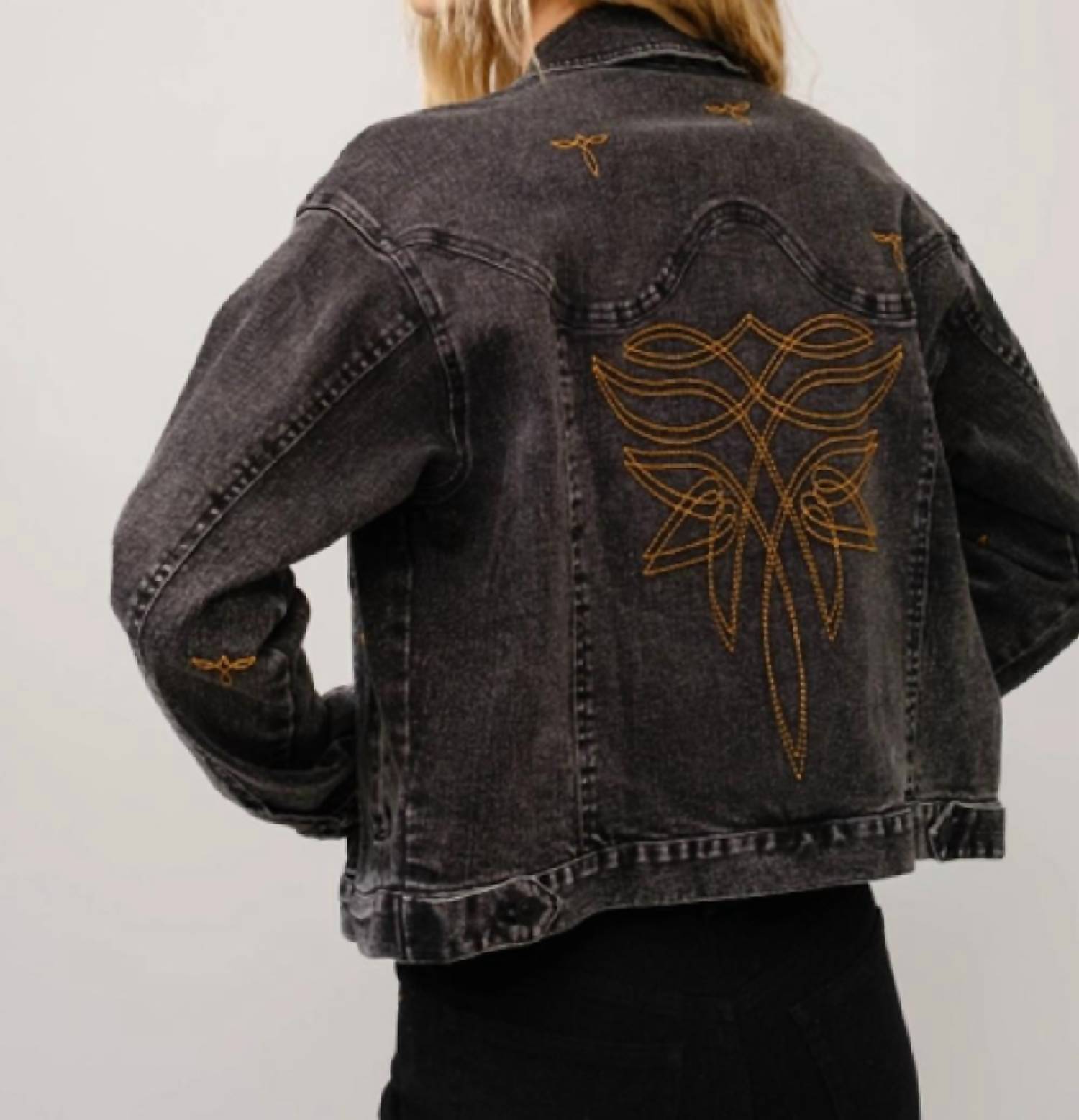 Blue B Boots Stitch Denim Jacket in black - women's jacket - detail view
