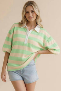 Haptics - Women's Stripe Button Down Bubble Sleeve Knit Top