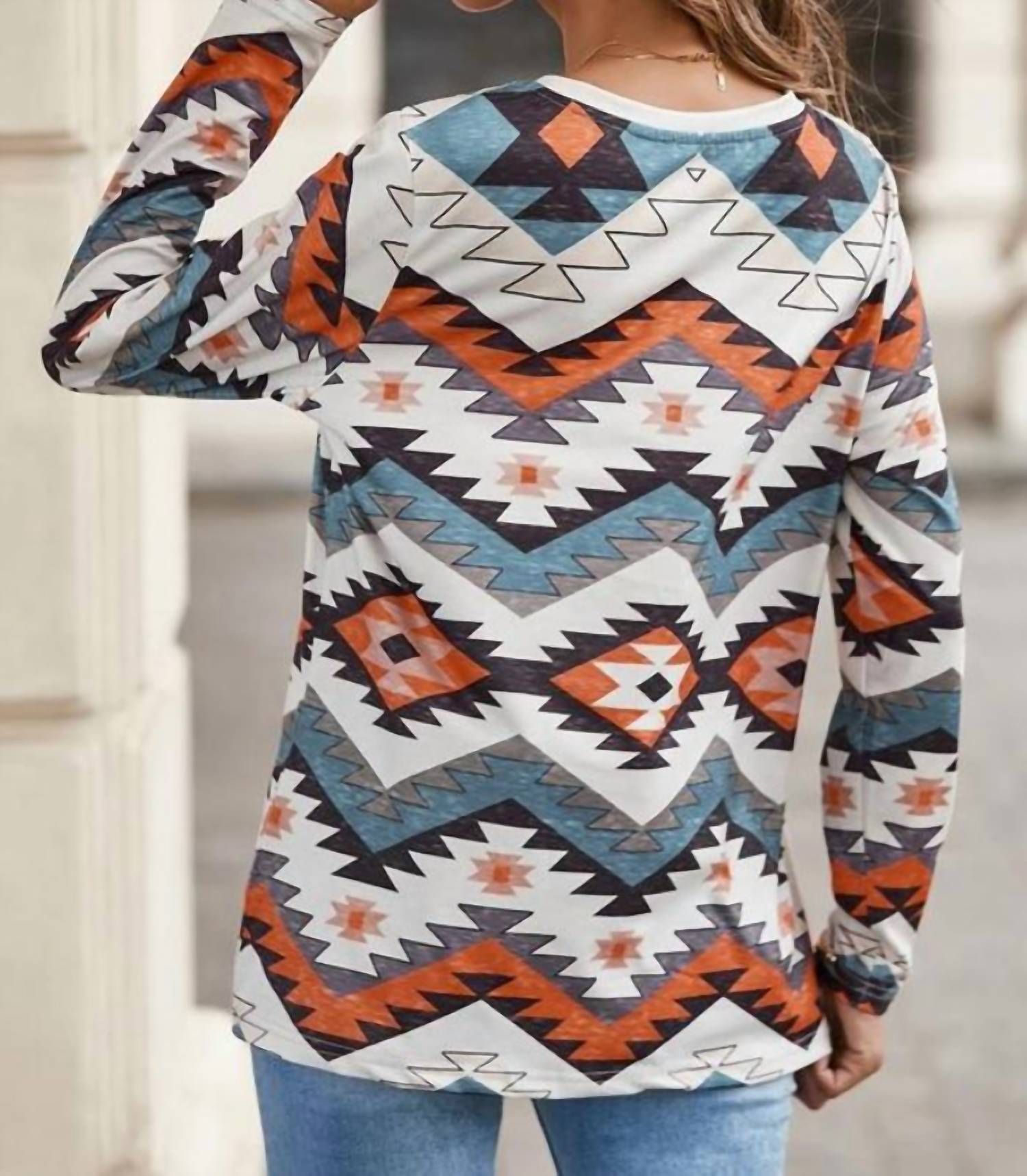 Little Daisy Closet - Multicolor Western Print V Neck Long Sleeve Top