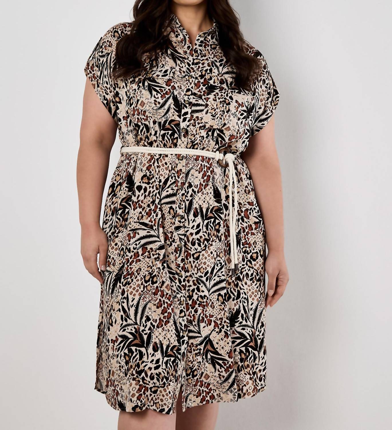 Apricot - Mixed Animal Print Shirt Midi Dress