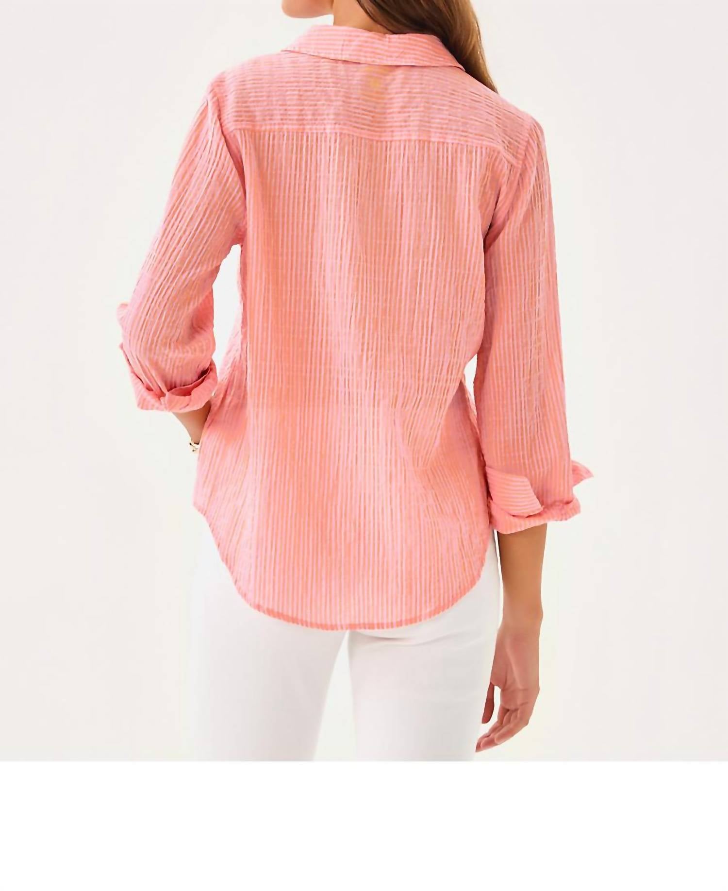 Lilly Pulitzer Sea View Button Down Shirt in papaya x conch shell pink shirting stripe - women's shirt - detail view