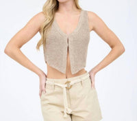 The Workshop Front Hook Cropped Knit Cardigan Vest in taupe - women's jacket