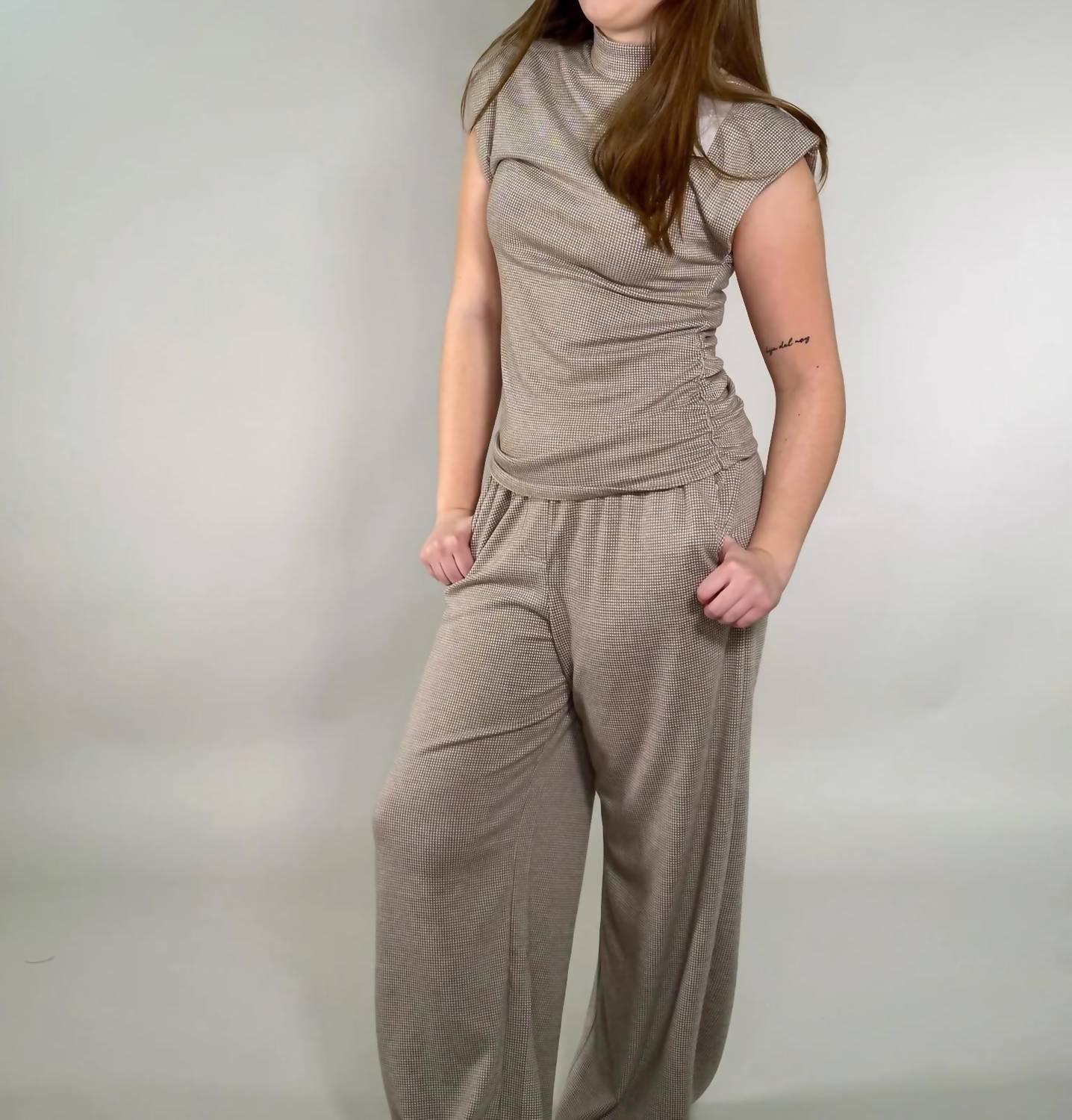 Apricot - Houndstooth Knit Wide-leg Lounge Pants