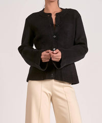 ELAN Crewneck Flair Sleeve Button Up Sweater in black - women's sweater