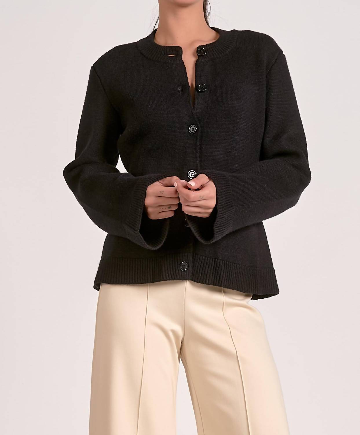 ELAN Crewneck Flair Sleeve Button Up Sweater in black - women's sweater