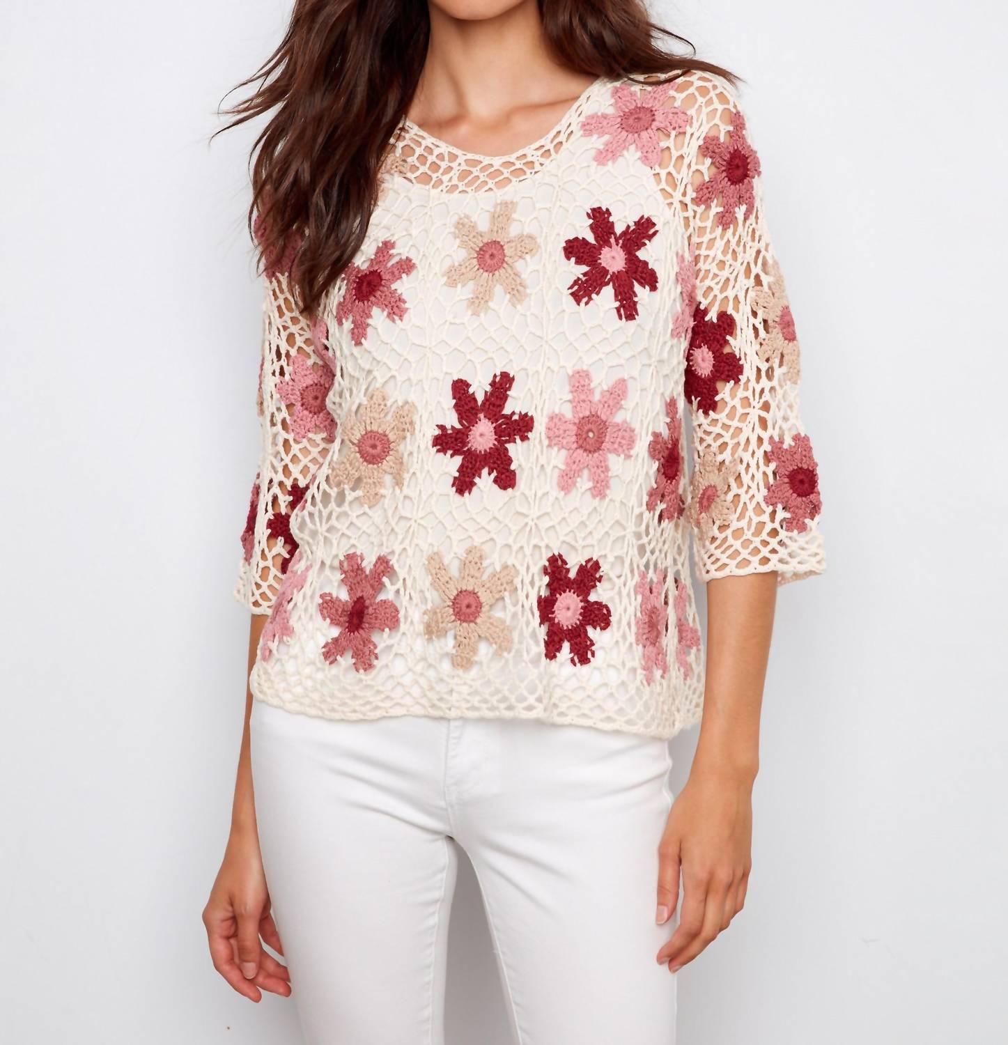 CHARLIE B Floral Crochet Sweater in carnation - women's sweater
