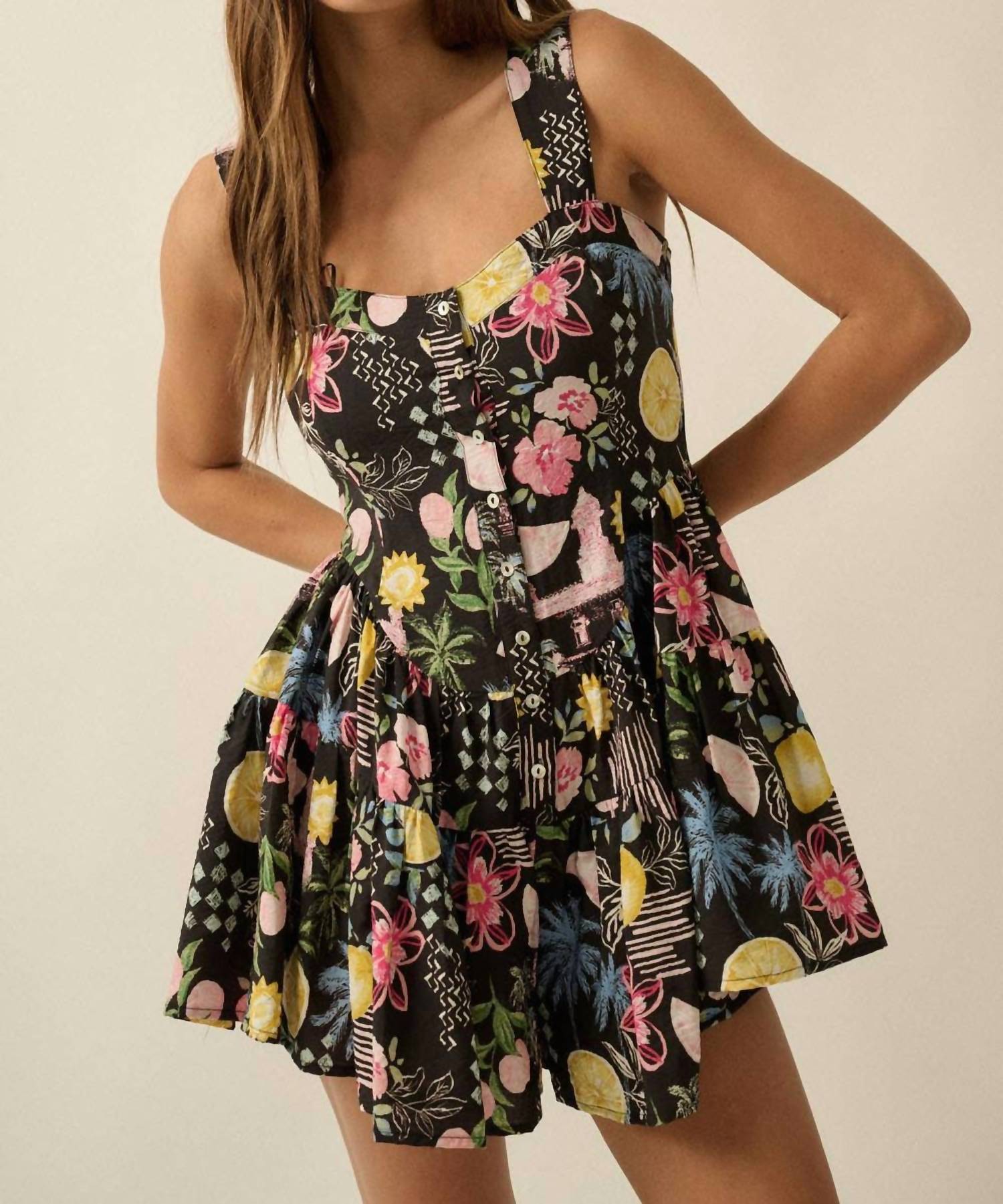Promesa - Tropical Floral-print Tiered Sleeveless Romper