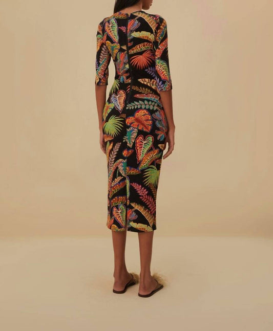 Farm Rio - Cool Foliage Jersey Half Sleeve Midi Dress
