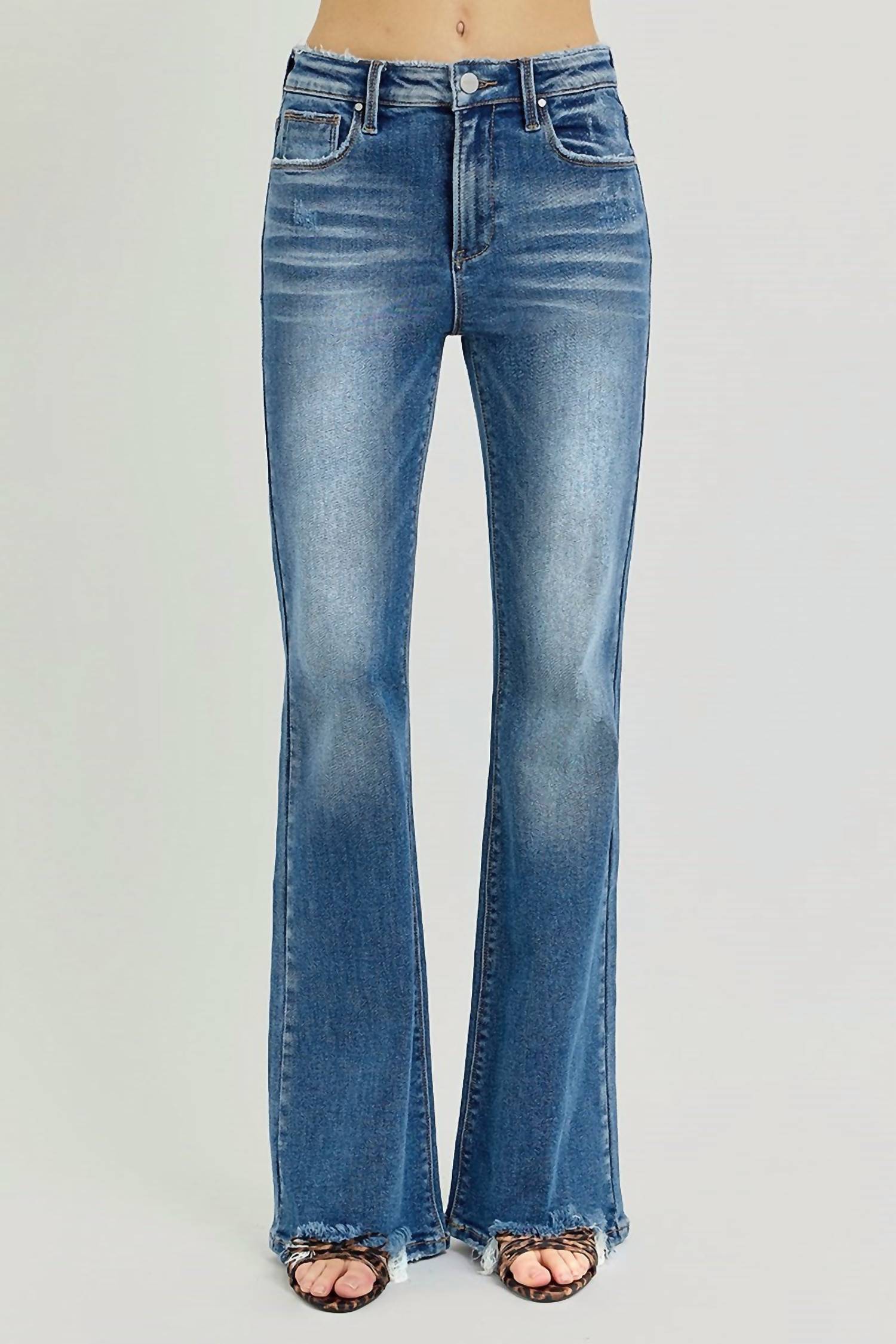 Risen - Tummy Control High Rise Flare Step Hem Jeans