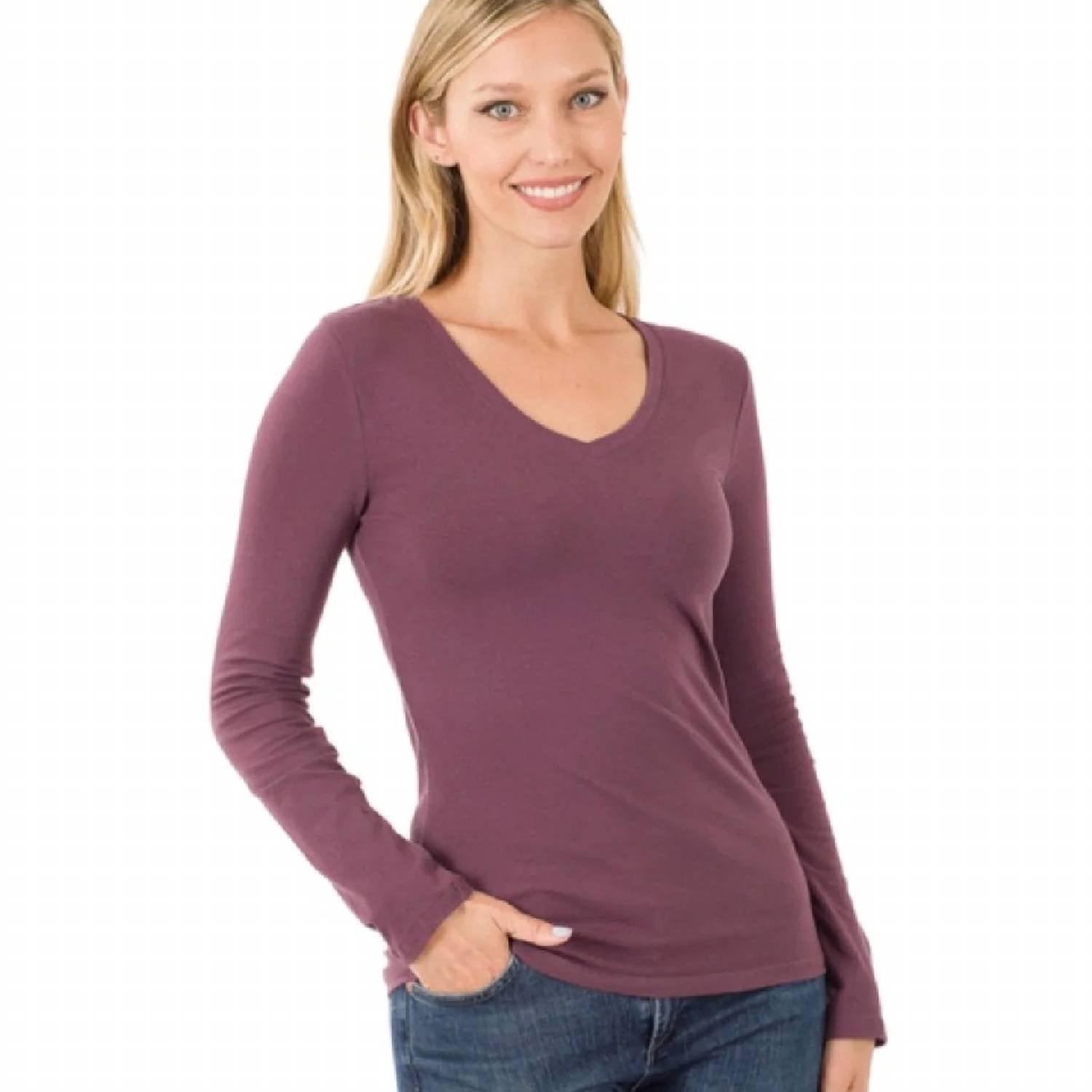 Zenana - V Neck Long Sleeve Top