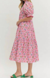 entro Floral Print Puff Sleeve Midi Dress in pink multi - women's dress - alternate view