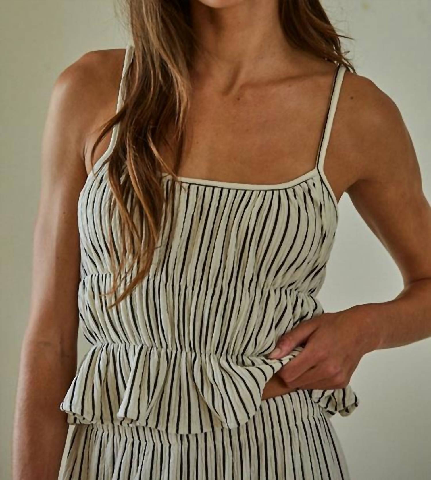 By Together - Woven Polyester Spandex Striped Peplum Crop Top