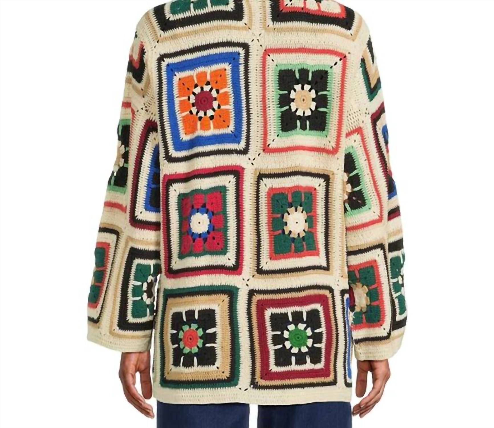 JOHN MARK Colorful Yarn-dye Granny Long Sleeve Open Cardigan in beige multi - women's cardigan - detail view