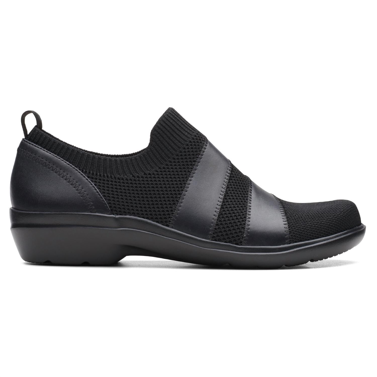 Clarks Women's Sashlyn Edge Loafer in black knit - women's flats - detail view