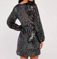 Apricot - Sequin Puff Sleeve Tie Waist Mini Dress