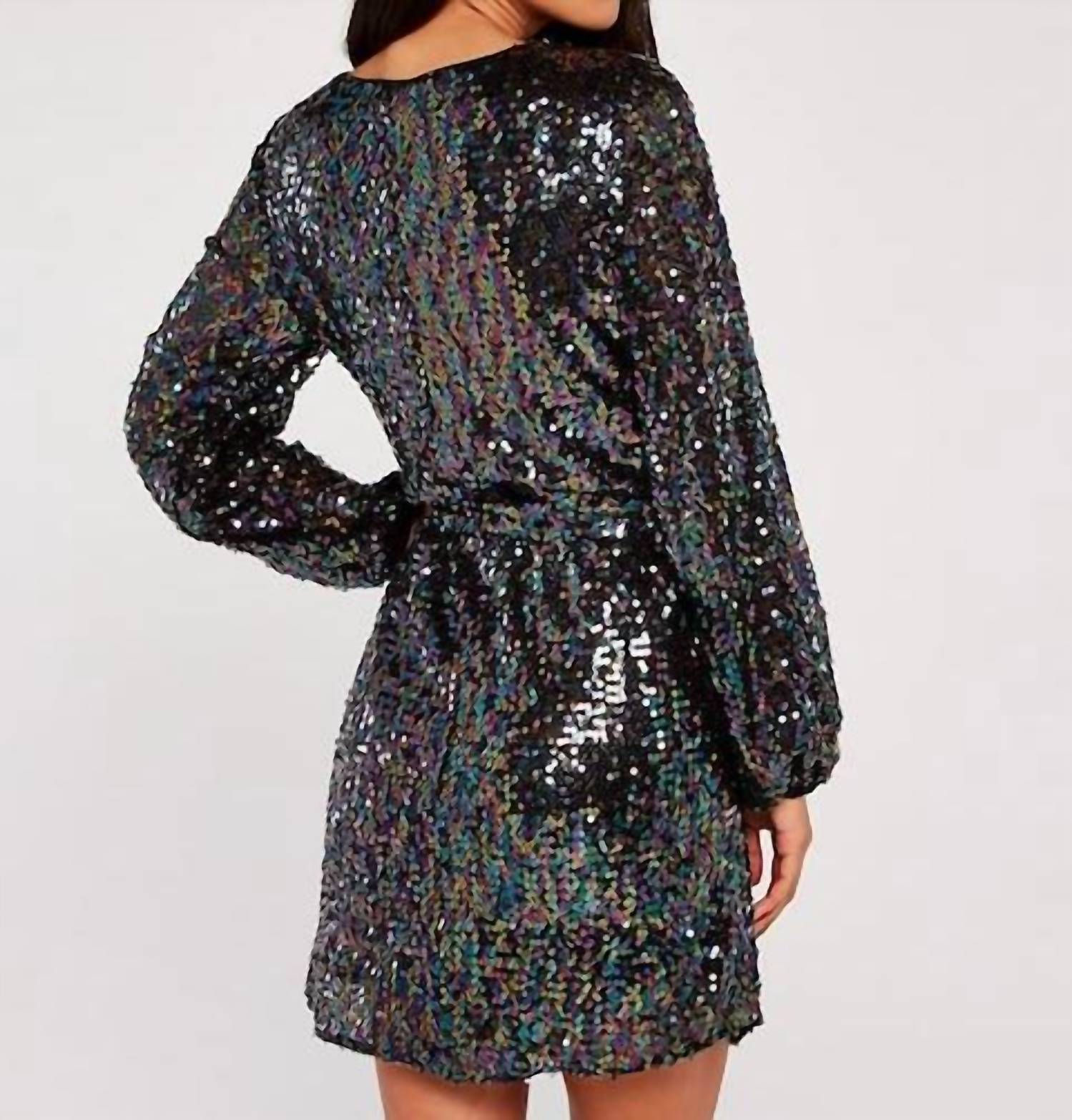 Apricot - Sequin Puff Sleeve Tie Waist Mini Dress