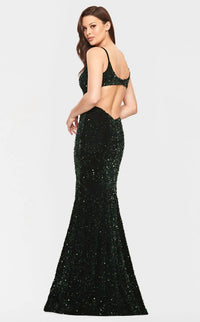 Faviana - V-neck Cutout Sequin Evening Gown