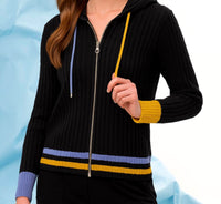 french kyss Braided Zip Up Hoodie in black multi - women's top - detail view