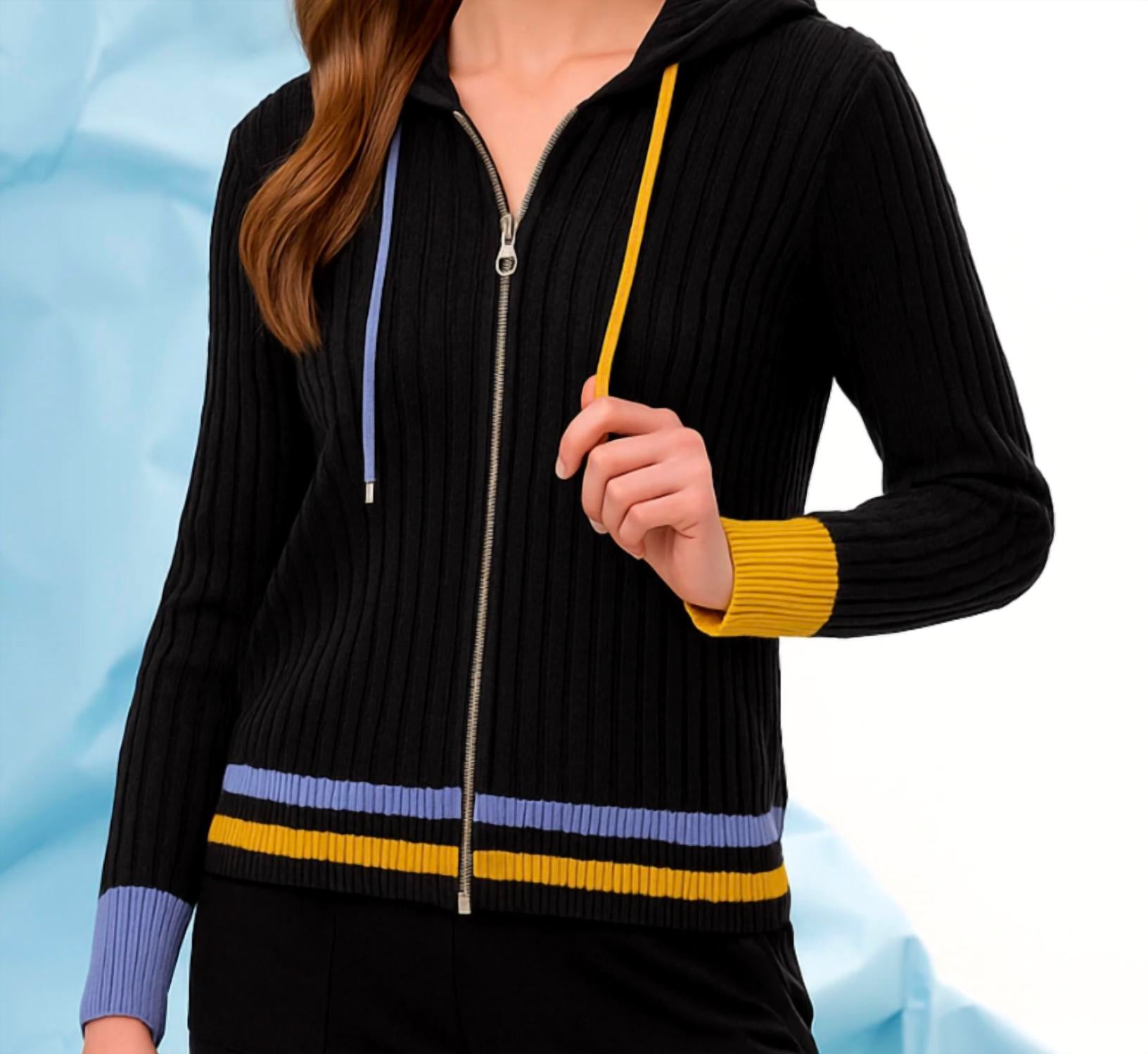 french kyss Braided Zip Up Hoodie in black multi - women's top - detail view