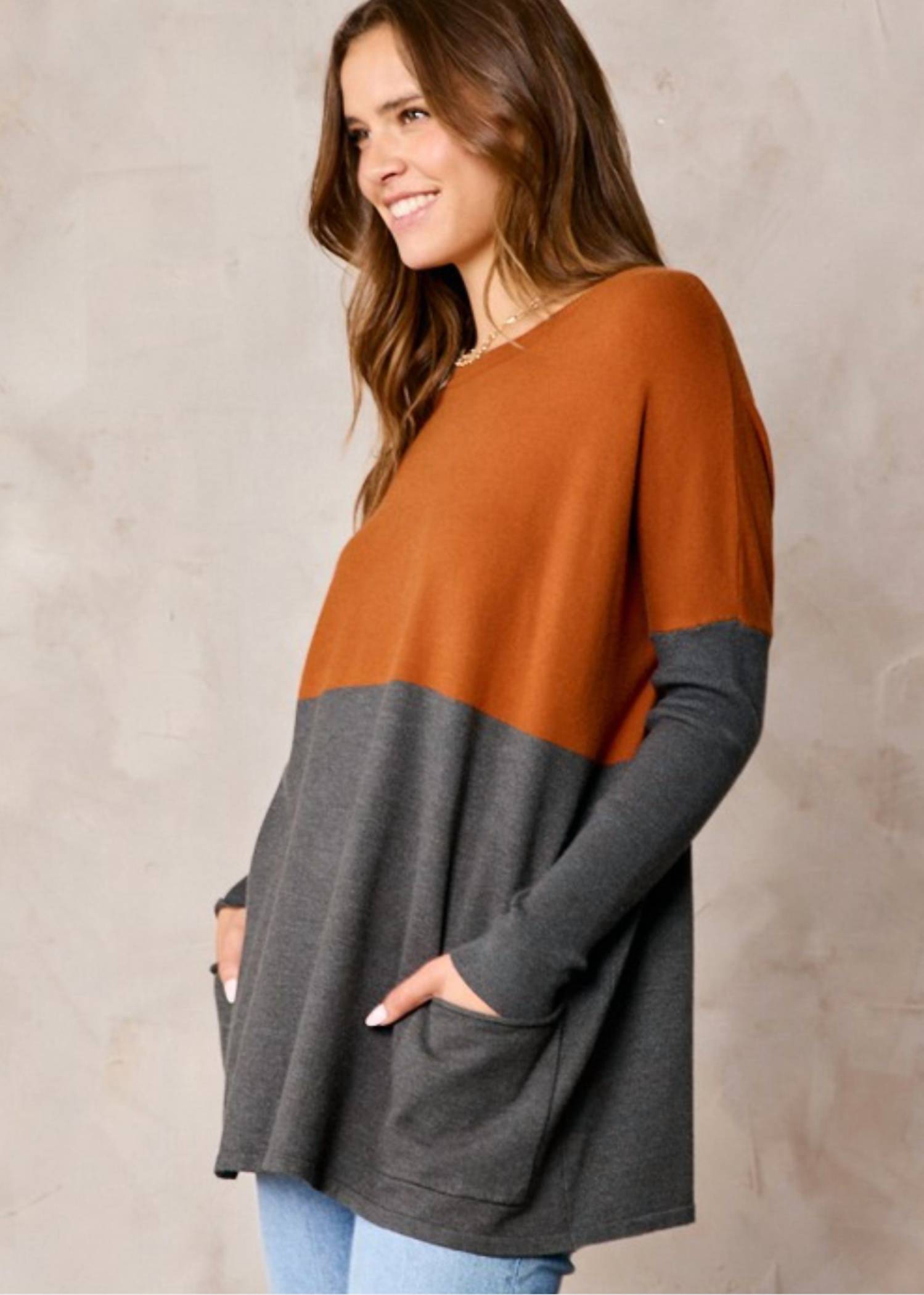 Tea N Rose - Long Sleeve Bat Wing Color Block Sweater