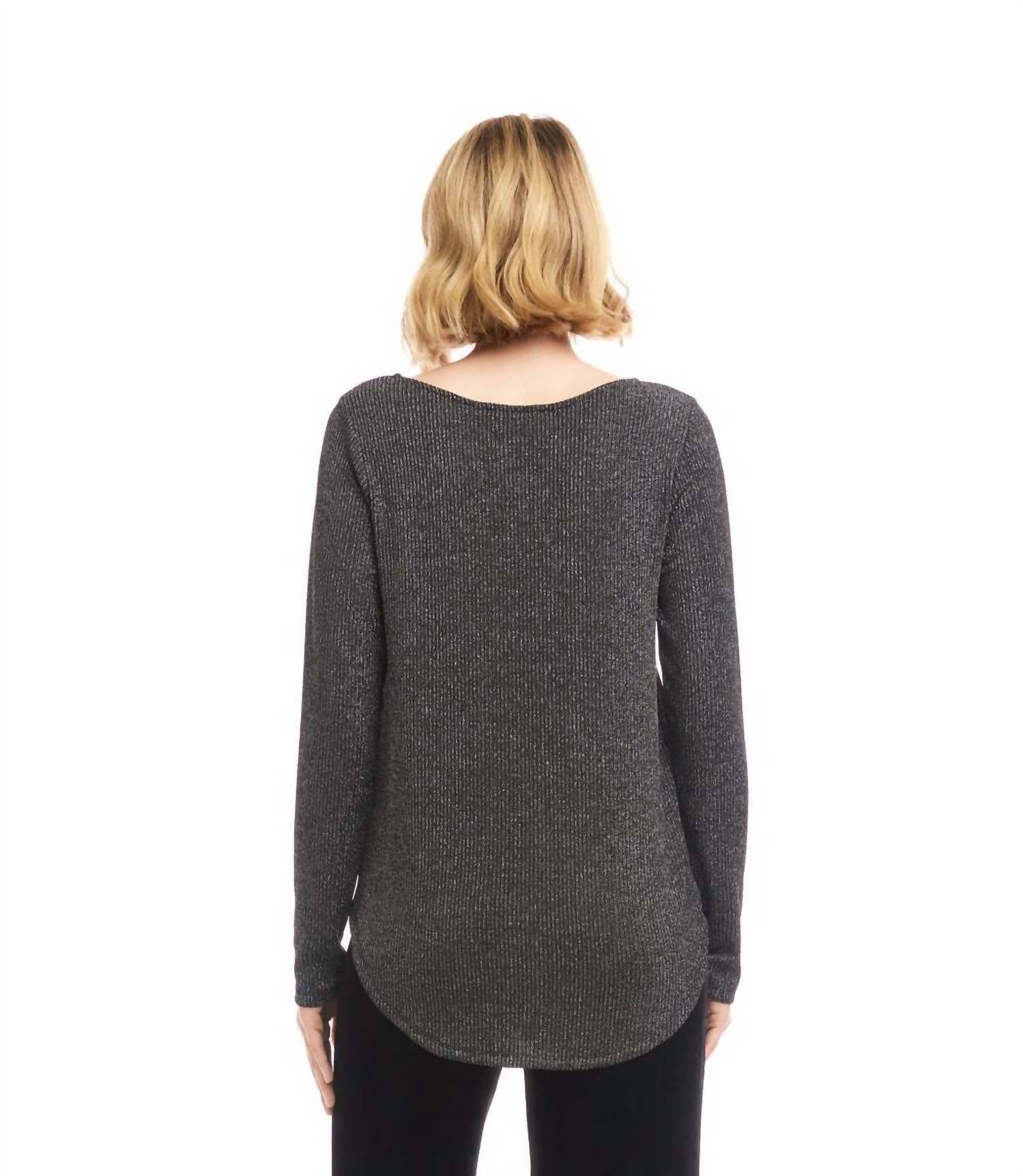 Karen Kane Long Sleeve Metallic Stripe Shirttail Top - Petite in black with silver - women's long sleeve top - view 4