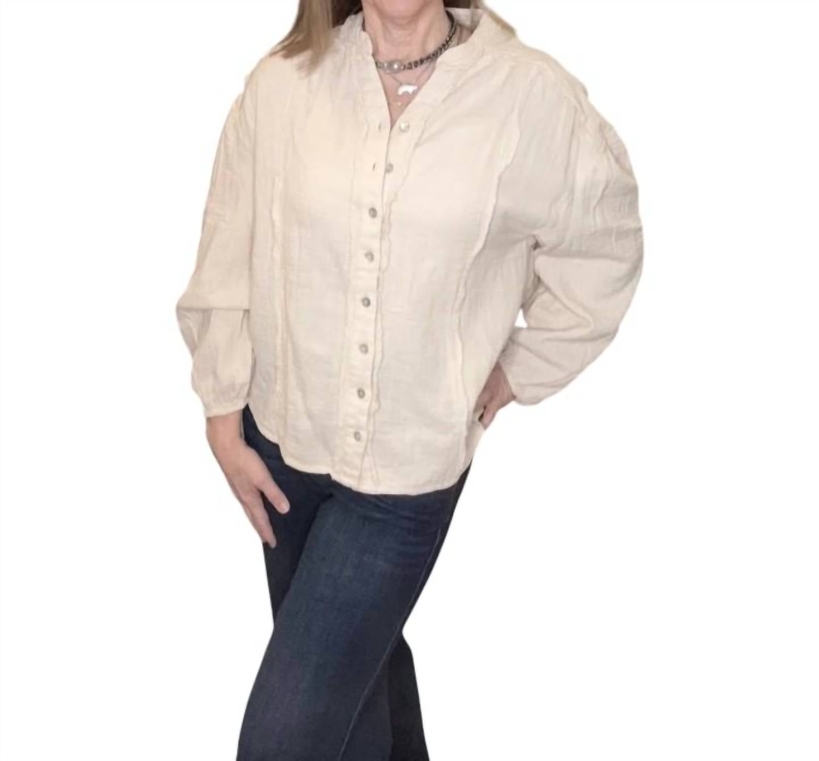 ELAN Long Sleeve Button Down Top in natural - women's shirt