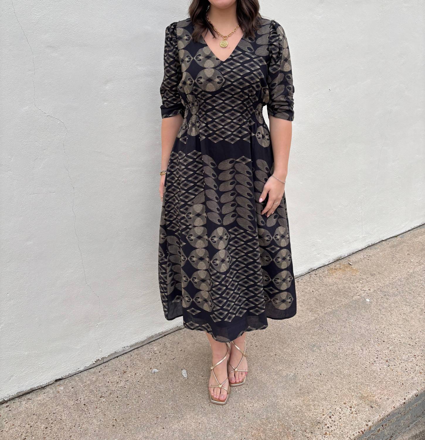 Ciebon - Ruched Puff Sleeve Midi Dress