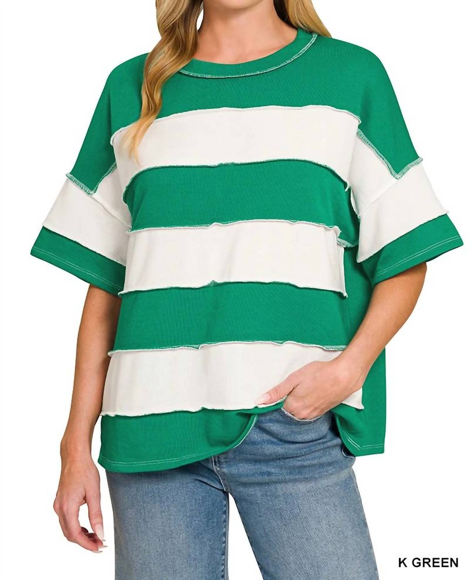 Zenana - Women's French Terry Striped Exposed Seam Top