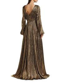 Badgley Mischka - Foil Pleated Plunge Gown