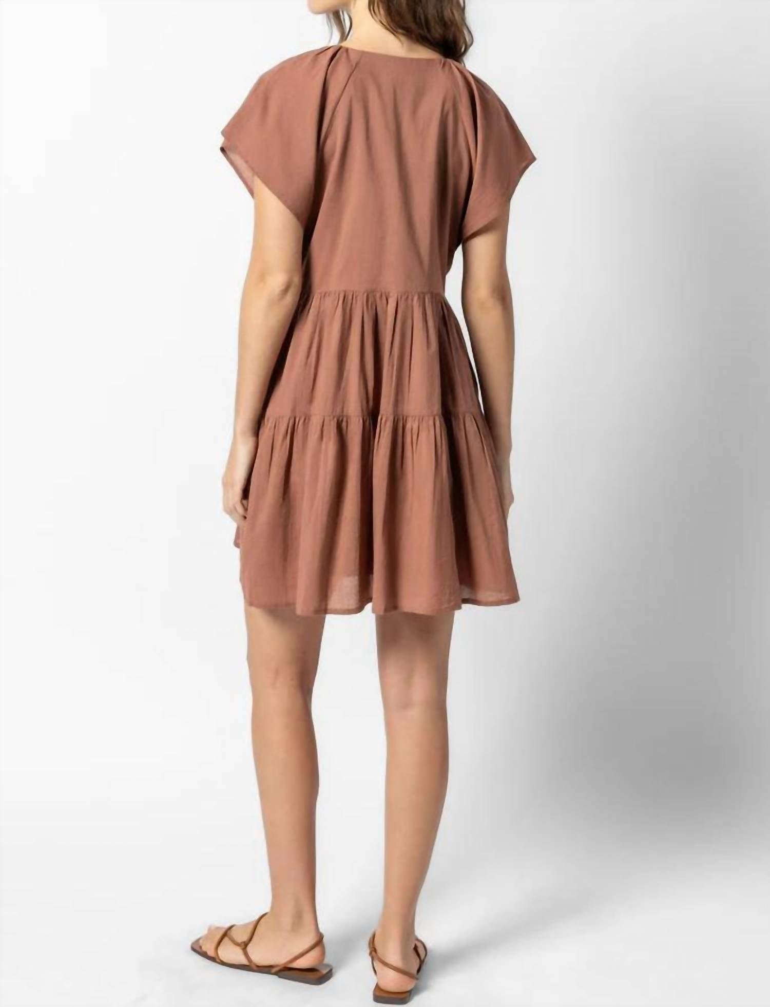 Lilla P Flutter Sleeve Tiered Dress in burnt sienna - women's dress - detail view
