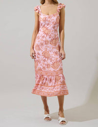 SUGARLIPS Zavey Floral Chantal Ruffle Smocked Midi Dress in blush multi - women's dress