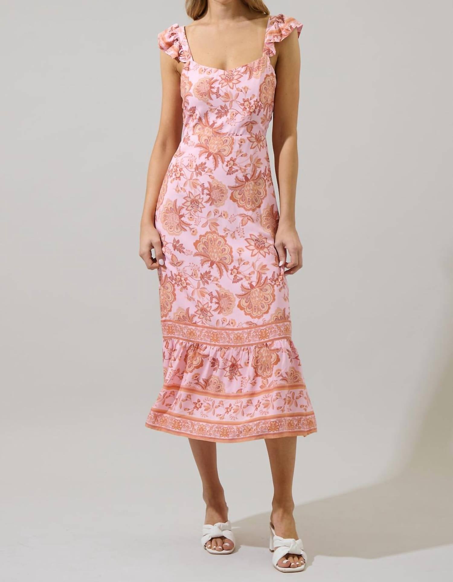 SUGARLIPS Zavey Floral Chantal Ruffle Smocked Midi Dress in blush multi - women's dress