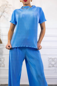 Surelymine - Pleated Mock Neck Short Sleeves Pant Set