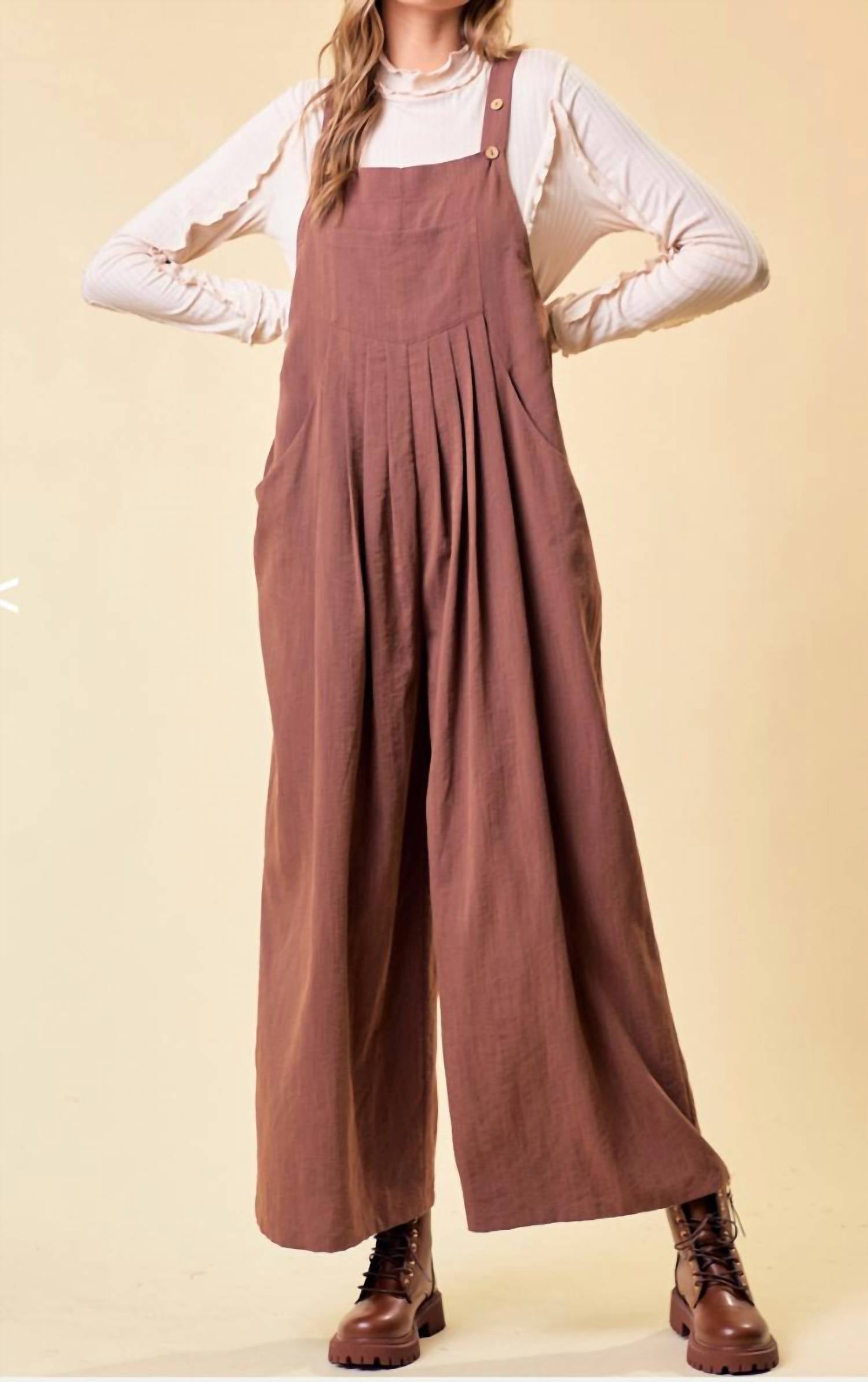 Doe and Rae Over All Wode Leg Jumpsuit in brown - women's pants - detail view