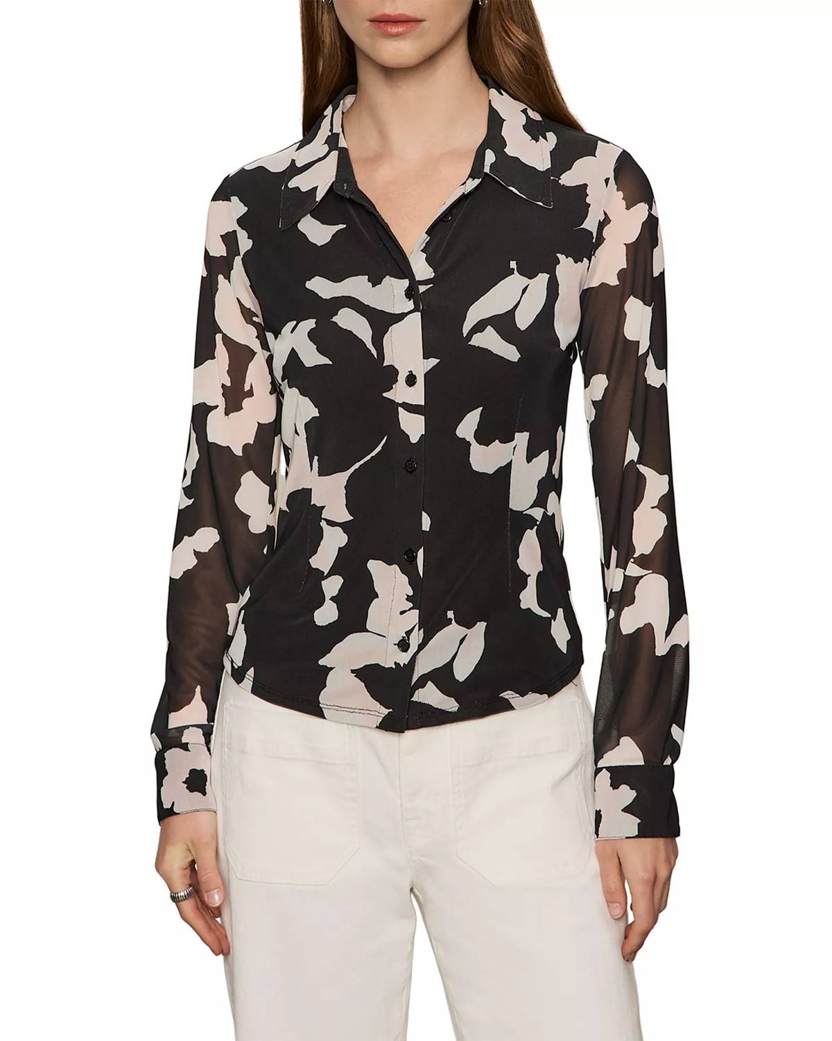 Sanctuary Fitted Mesh Button Down in petal whisper - women's long sleeve top
