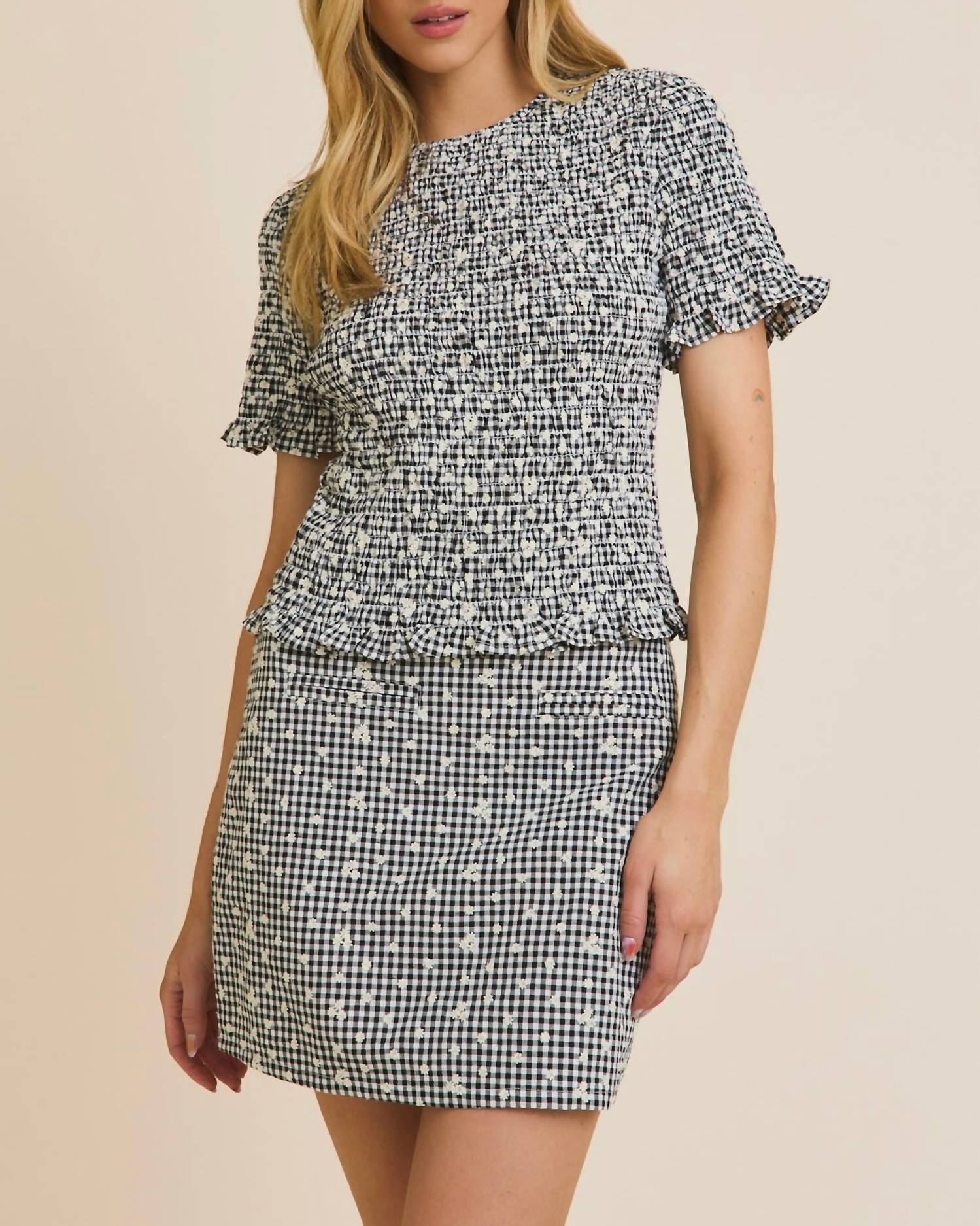 Gilli - Round Neck Half Sleeve Smocked Eyelet Top And Mini Skirt Set