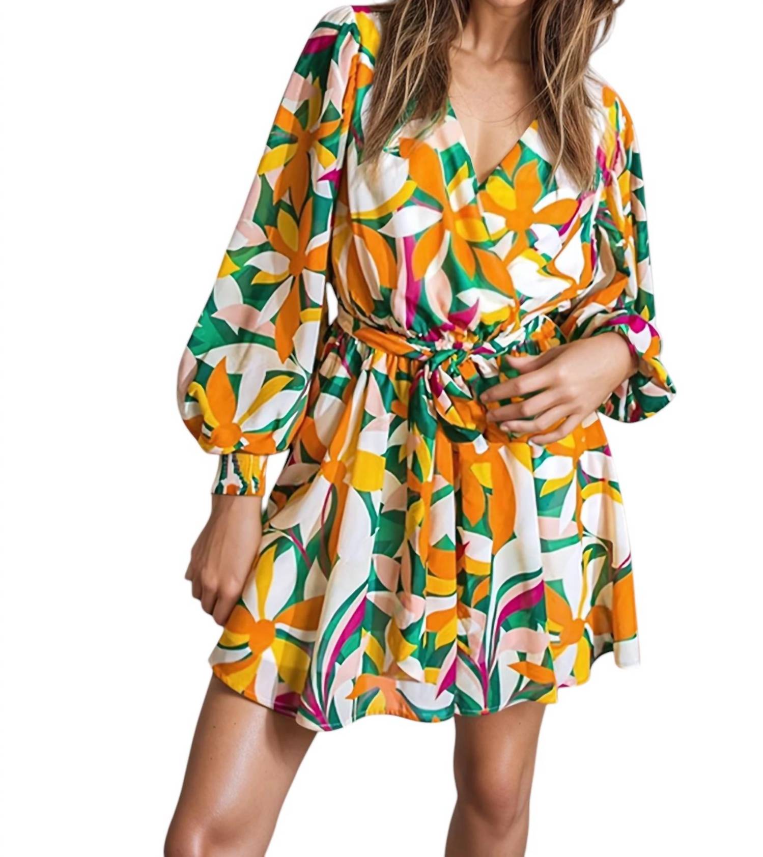 Flying Tomato - Sandra Surplice Long Sleeve Chiffon Mini Dress
