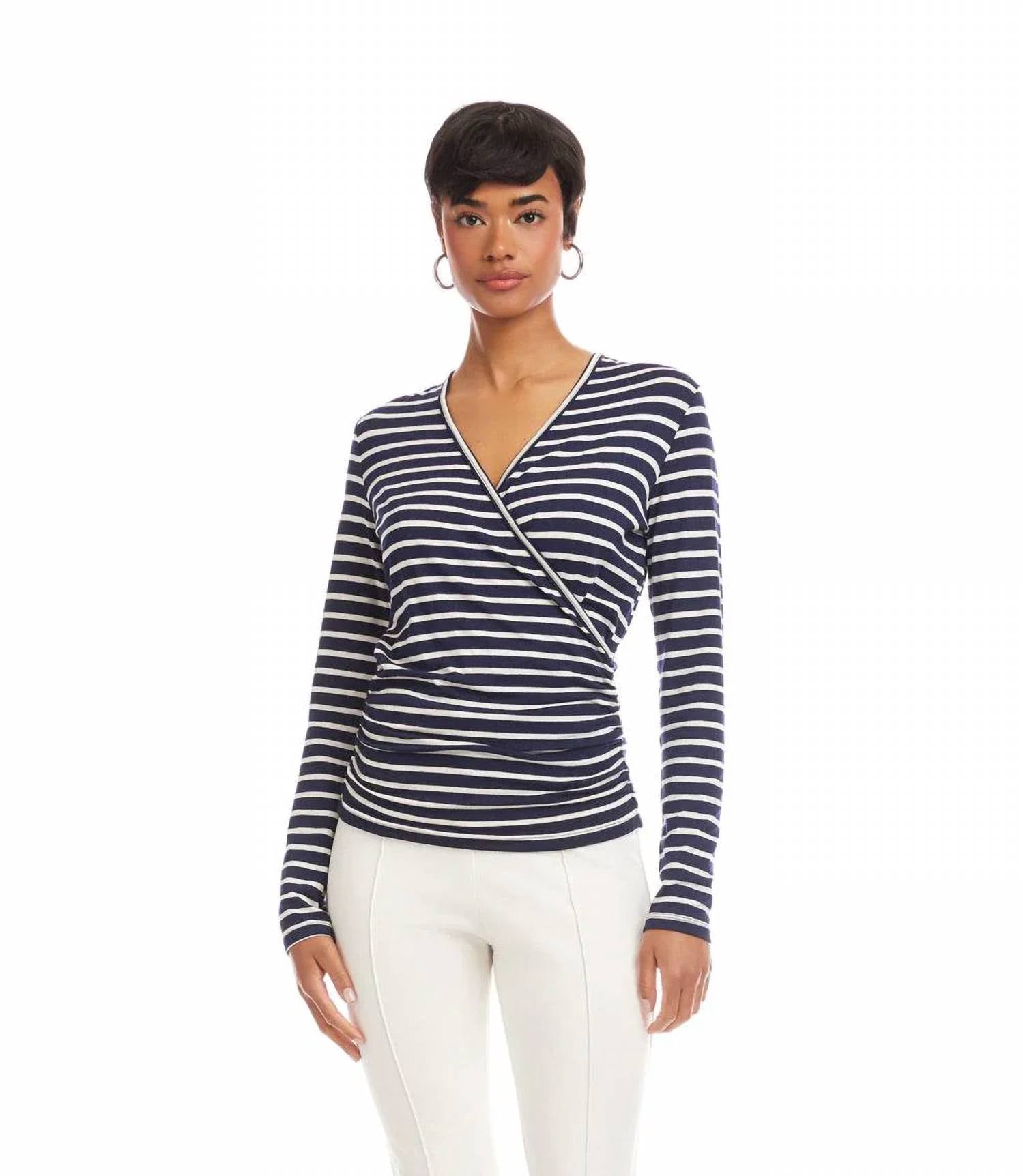 Karen Kane - Long Sleeve Stripe Side-shirred Crossover Top