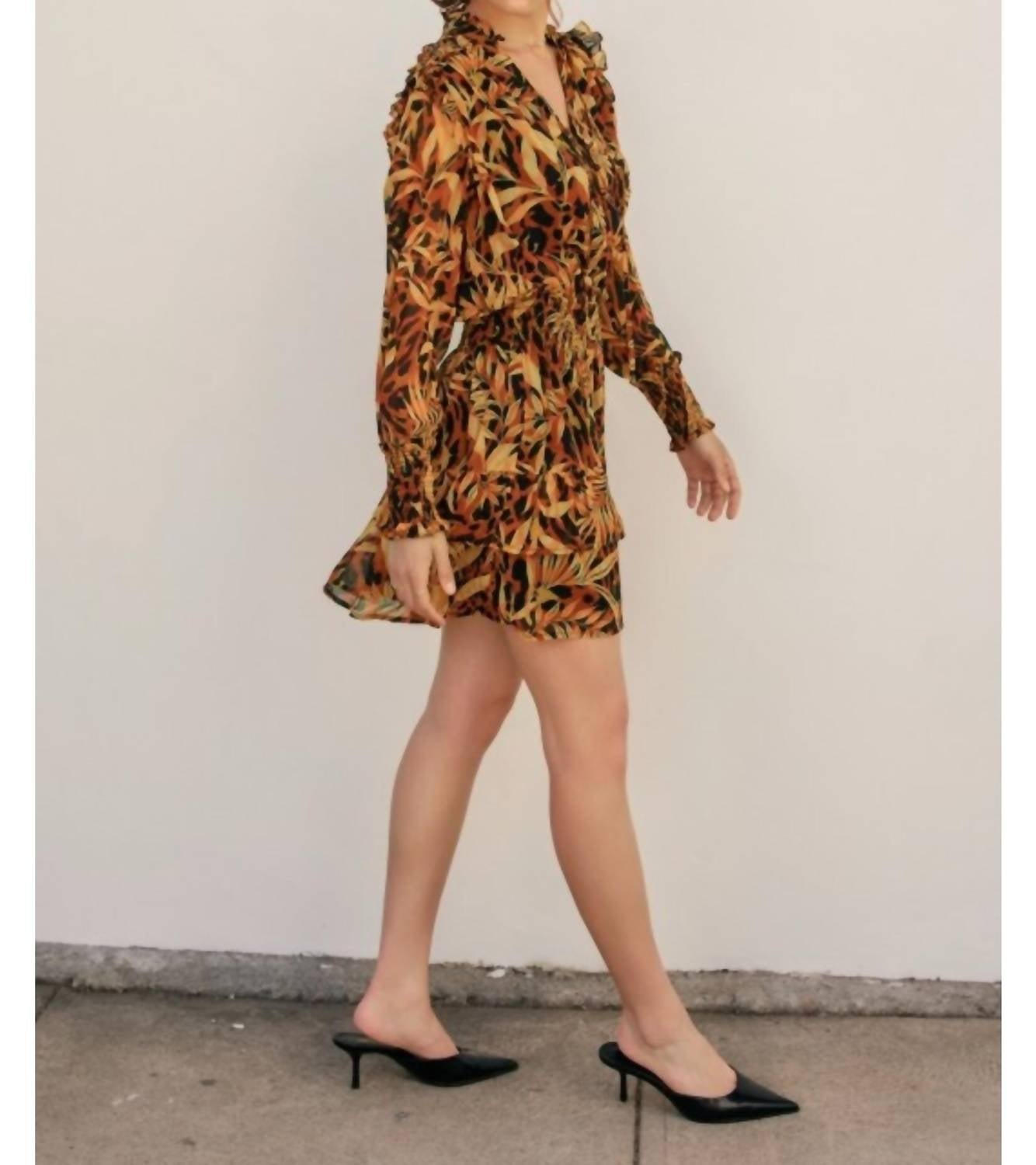 DRESS FORUM Palm Trees Shirred Waist Mini Dress in orange navy - women's dress - detail view