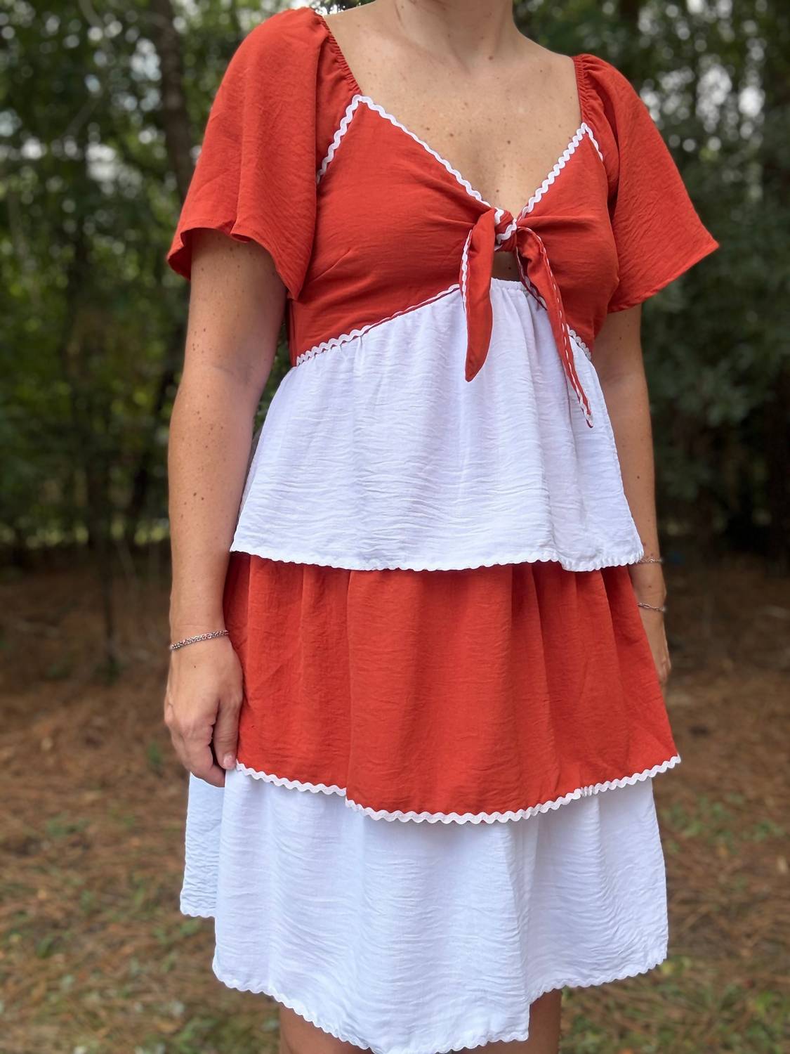 Timing Rust & Ruffles Dress in red white - women's dress - alternate view