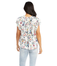 Karen Kane Sasha Short Sleeve Ruffle Tie-neck Top in multi color - women's blouse - detail view