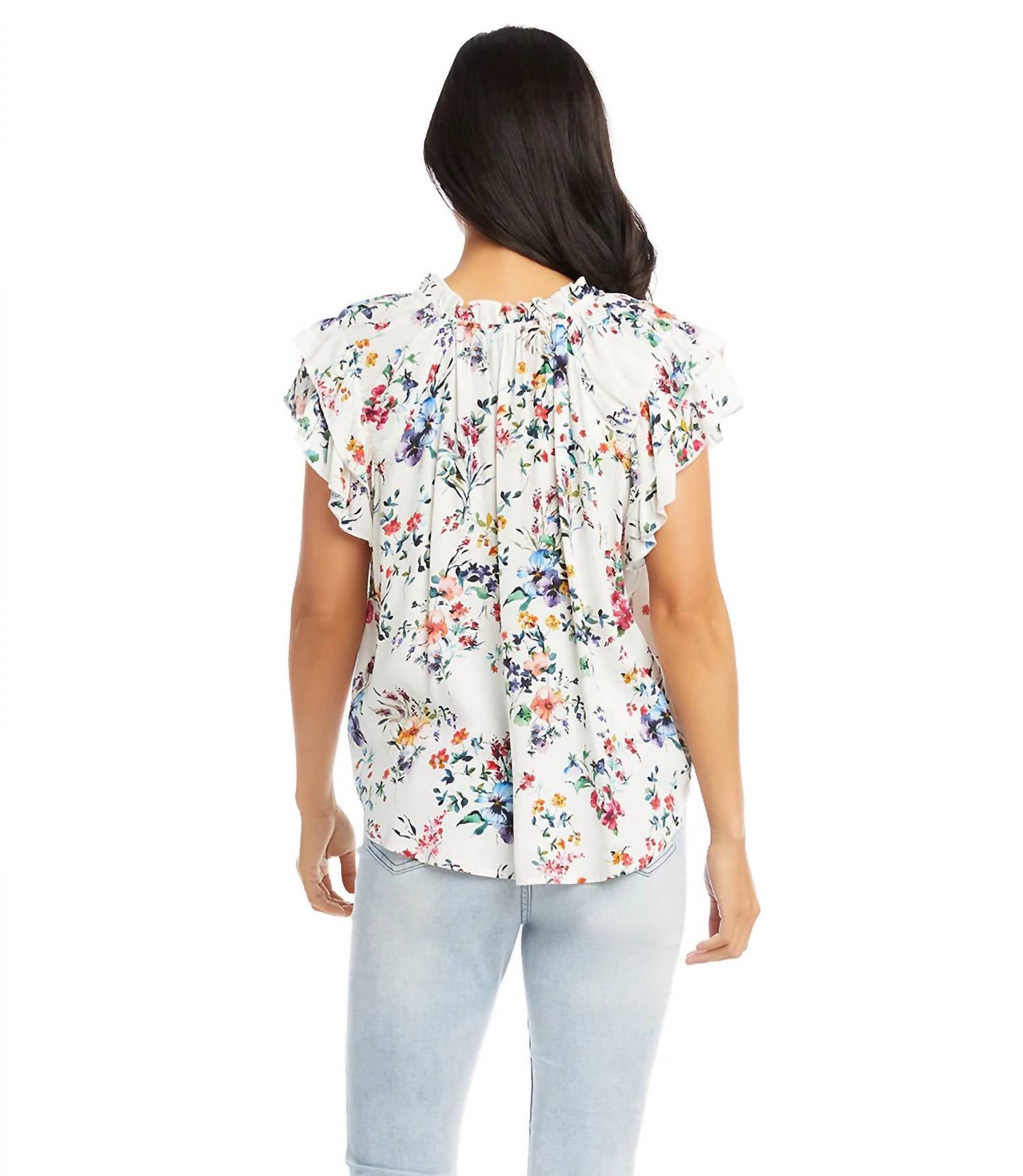 Karen Kane Sasha Short Sleeve Ruffle Tie-neck Top in multi color - women's blouse - detail view
