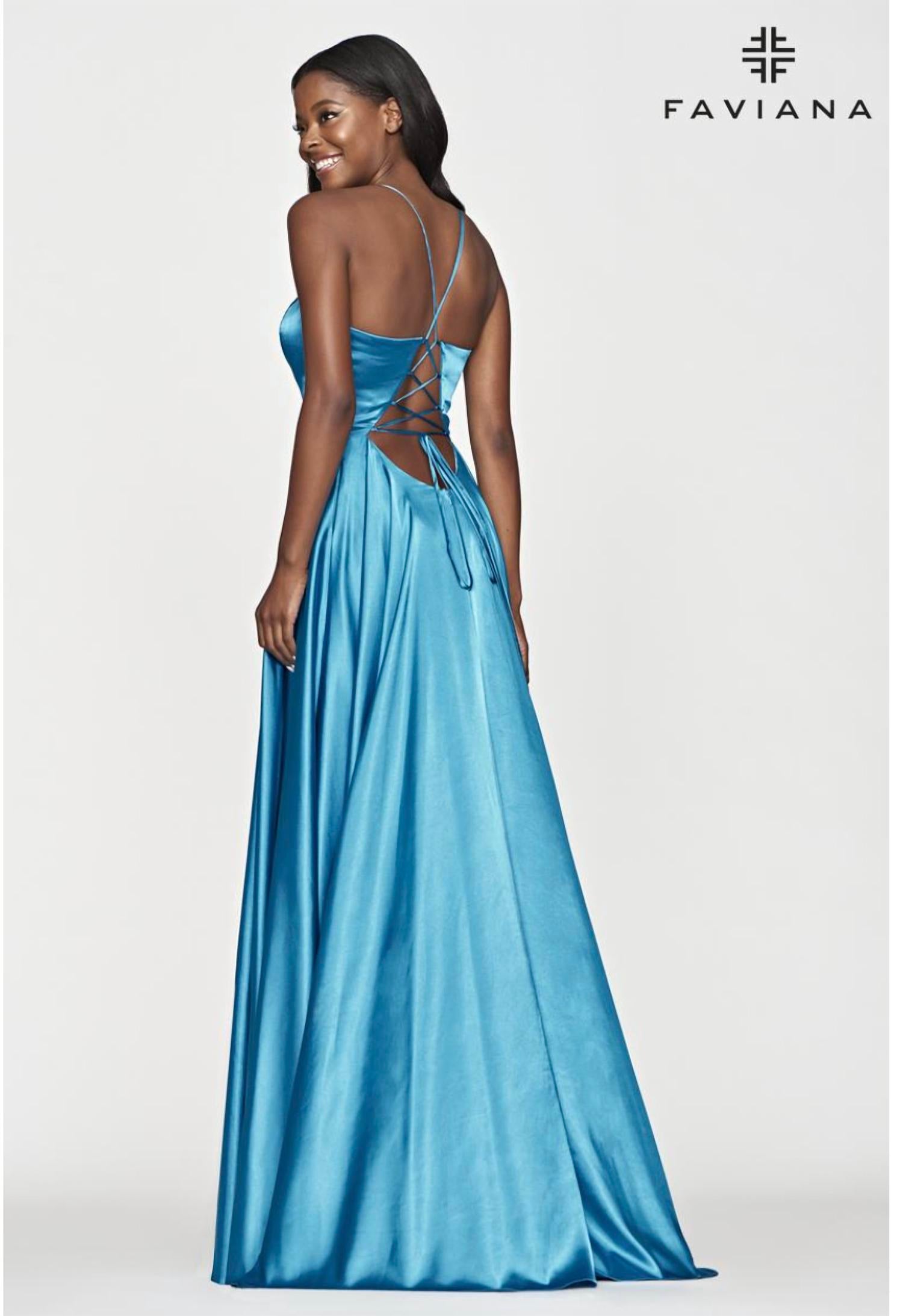 Faviana - Charmeuse V-Neck Dress with Lace Up Back