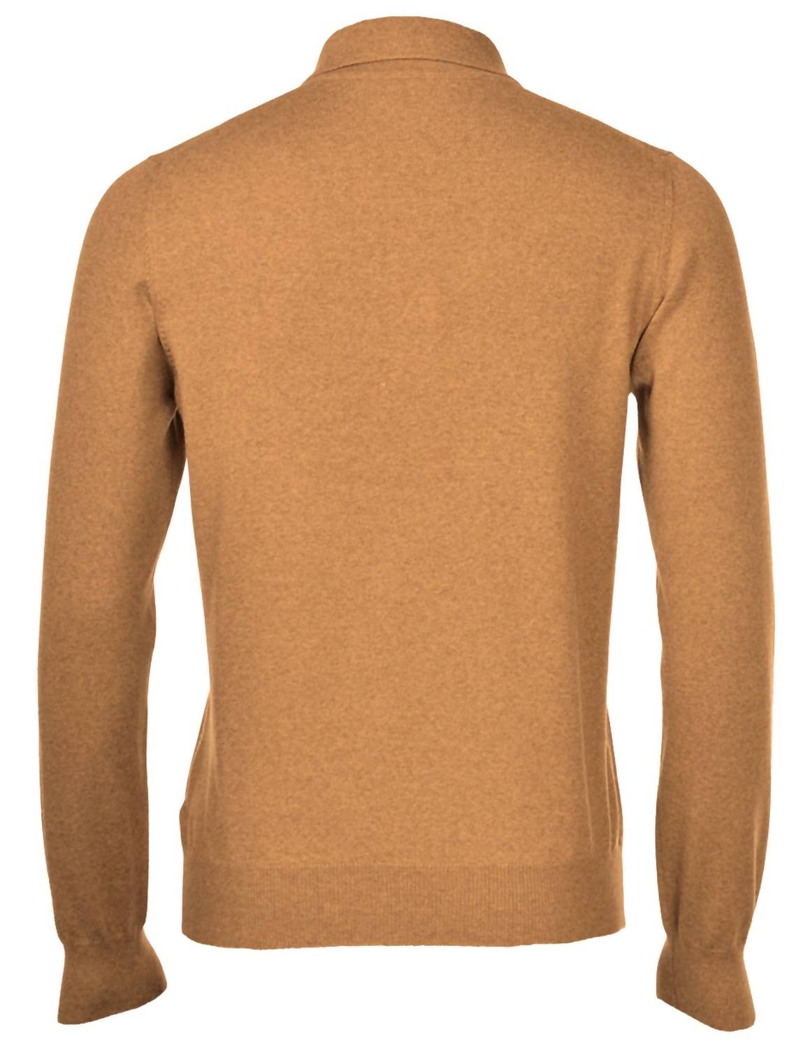 Gran Sasso Men's Vintage Merino Polo in caramel - men's sweater - detail view