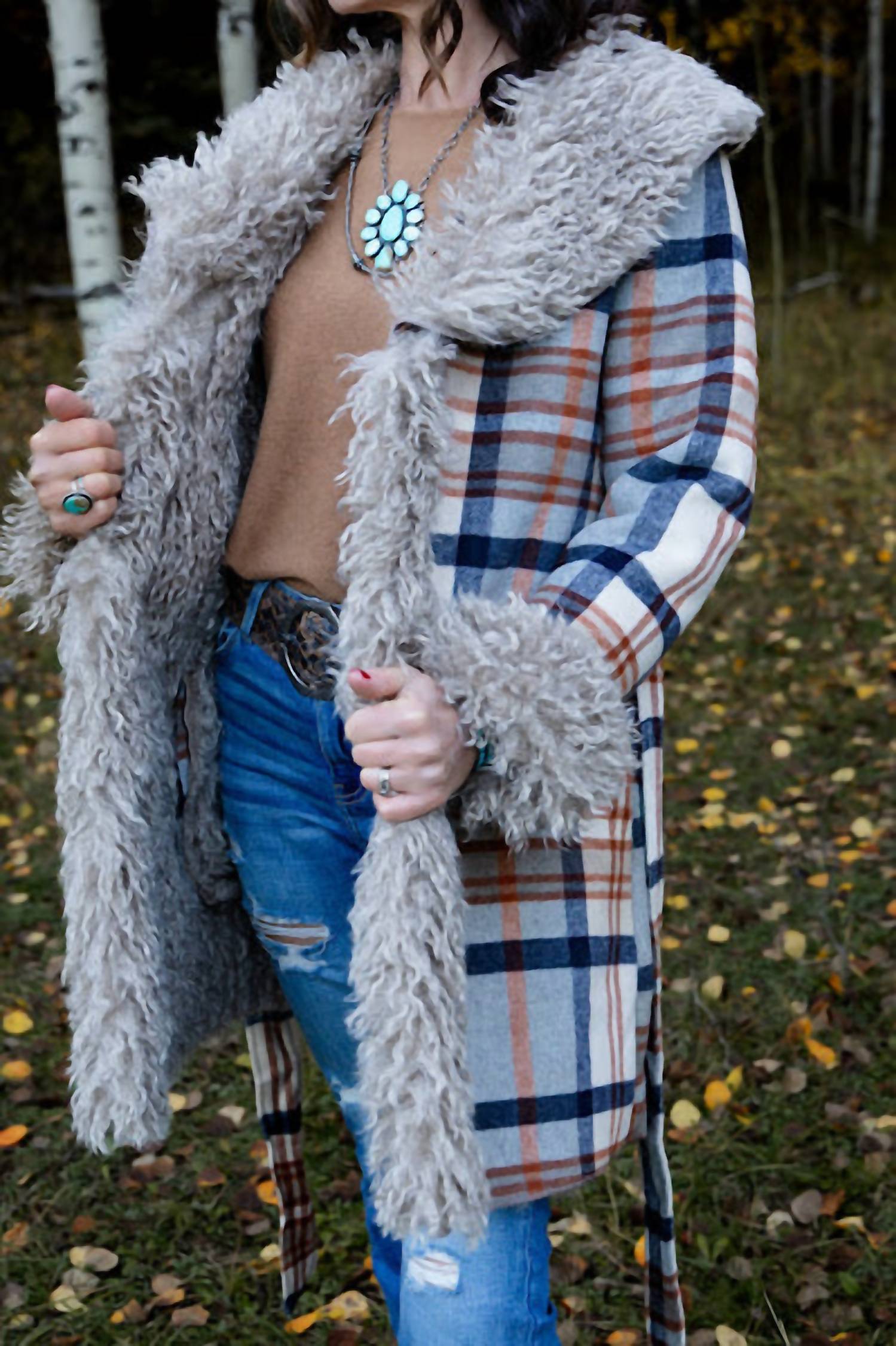 Blue B - Aztec Jacquard Fur Belted Coat