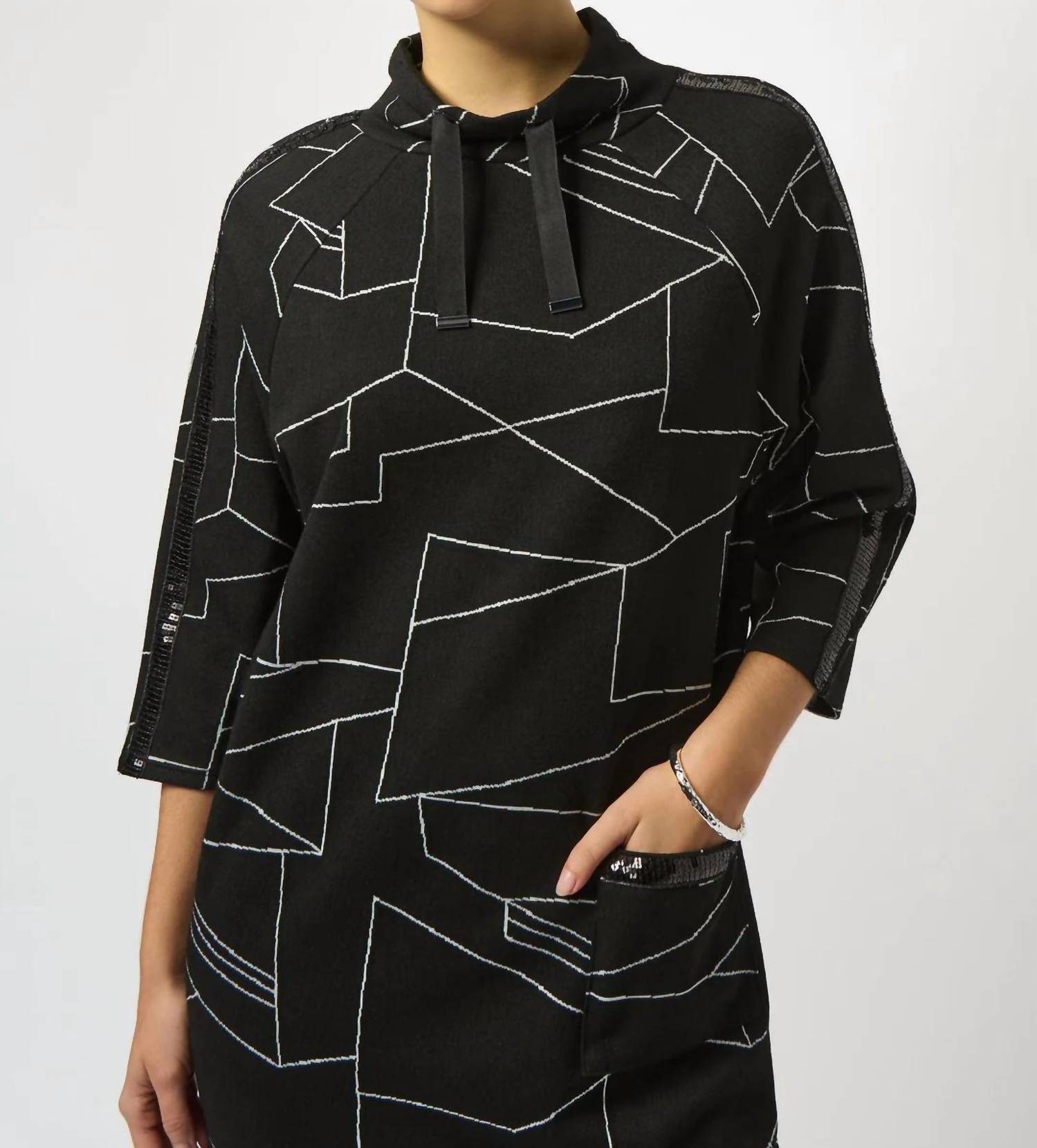 Joseph Ribkoff Abstract Print 3/4 Sleeve Turtle Neck Straight Dress in black off white - women's dress - view 4