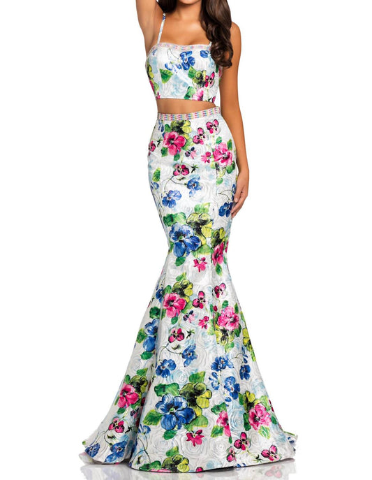 Johnathan Kayne - Two-piece Floral Printed Metallic Prom Dress