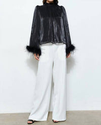 Skies Are Blue - Delphine Metallic Shimmer Bow Tie Feather Hem Blouse Top