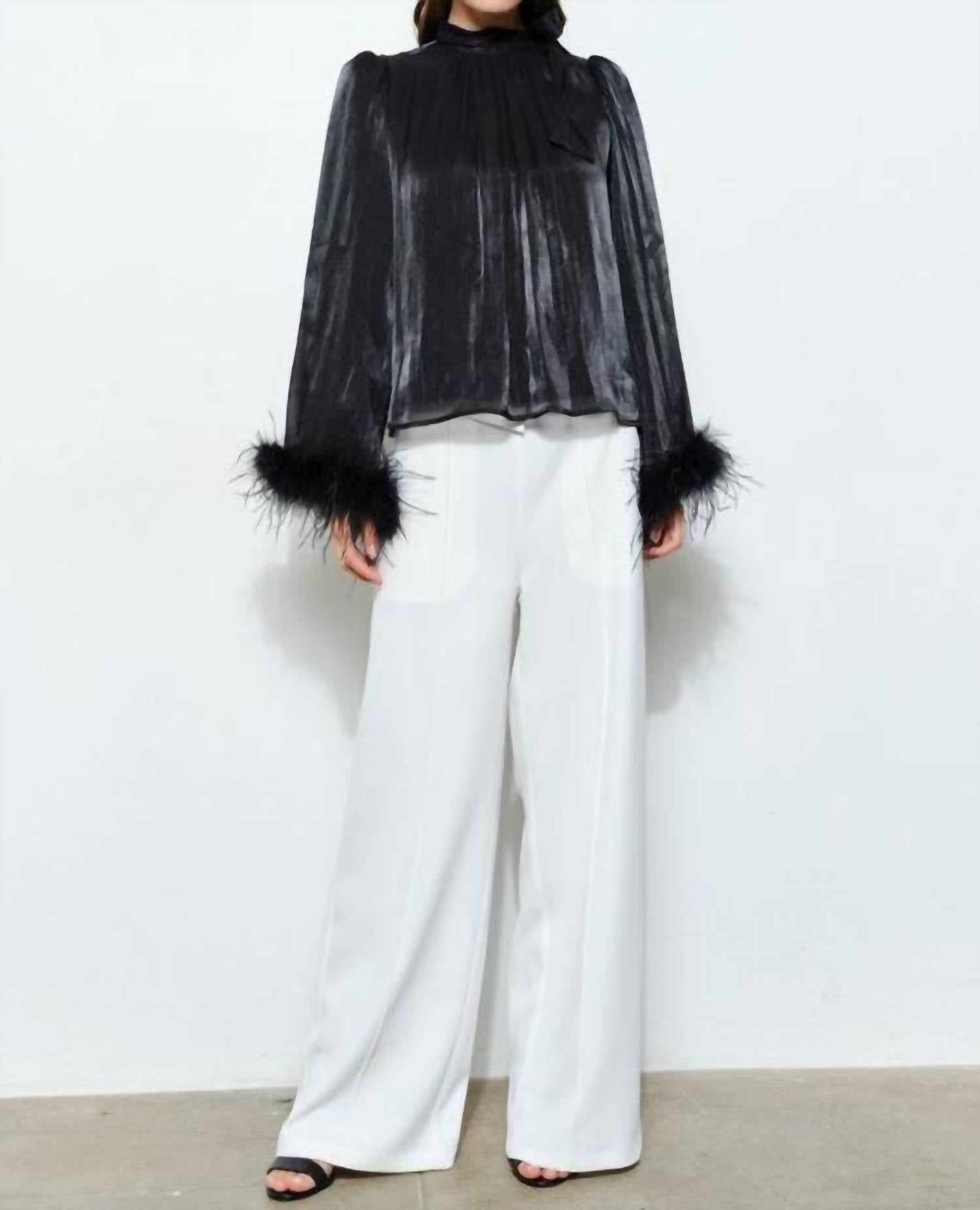 Skies Are Blue - Delphine Metallic Shimmer Bow Tie Feather Hem Blouse Top