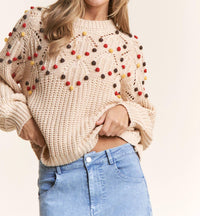 J.Nna - Eyelet Cable Knit Pompom Knit Sweater Top